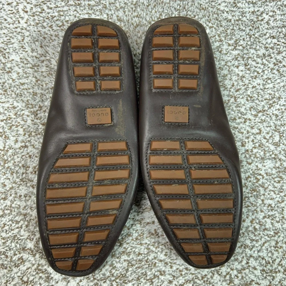 Gucci Mens Shoes Size 7.5 Brown Leather Canvas Loafers Slip On GG Monogram Italy